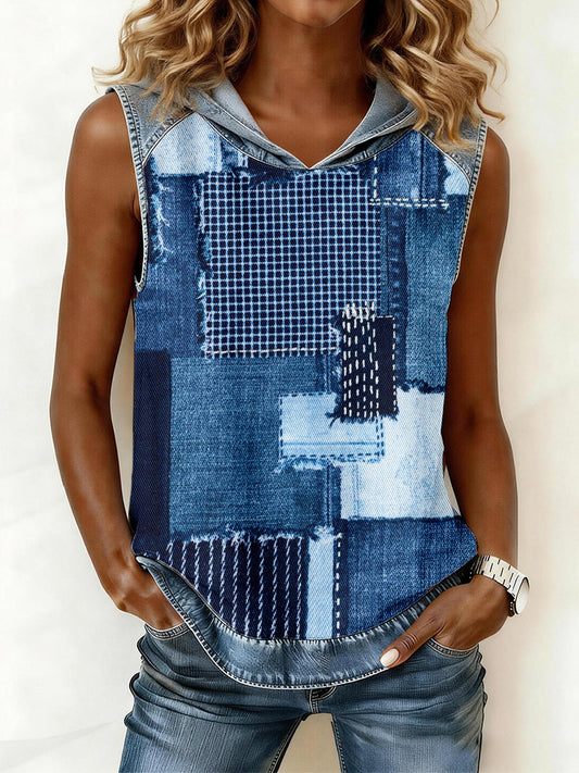 Women's Denim Patchwork Art Hooded Top gracestitchs