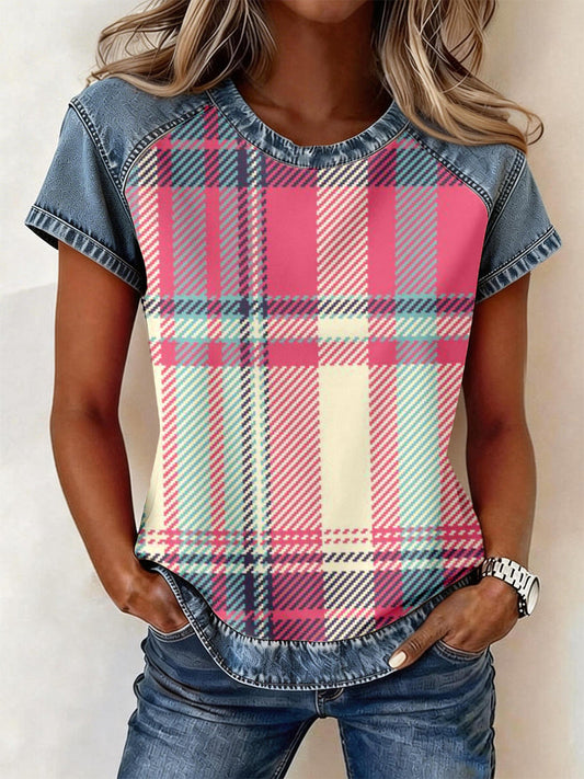 Women's Pink Plaid Pattern Denim Patchwork Top gracestitchs