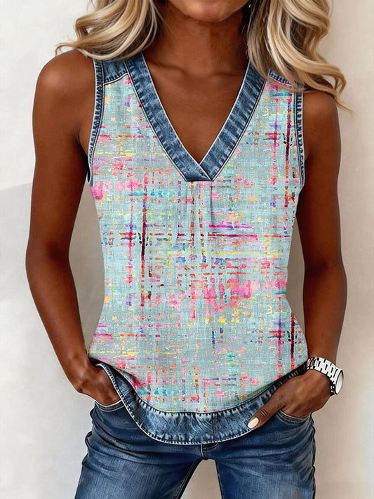 Women's Abstract Art Print Denim Patchwork Top gracestitchs