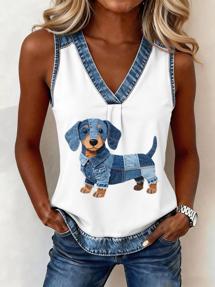 Women's Lovely Dachshund Pattern Denim Patchwork Top gracestitchs