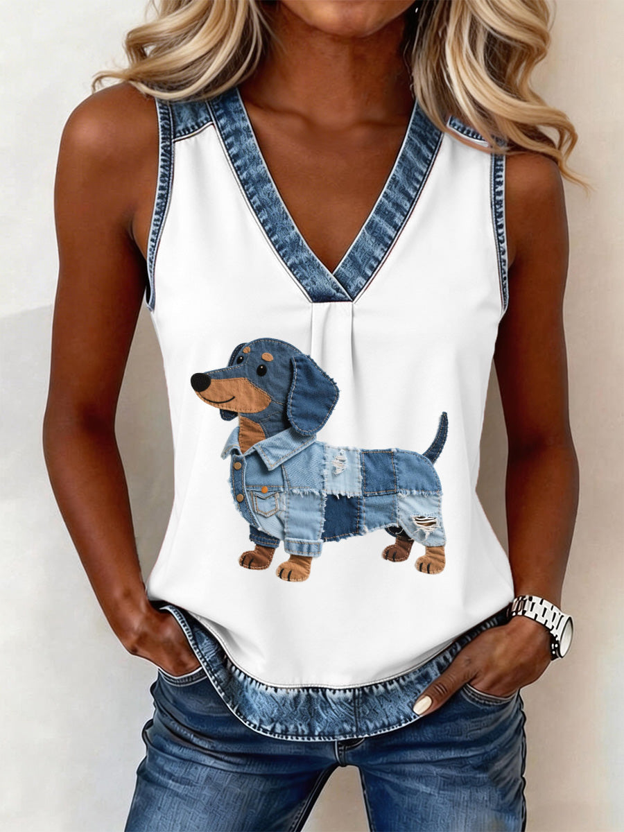Women's Lovely Dachshund Pattern Denim Patchwork Top gracestitchs