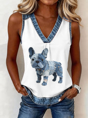 Women's Lovely French Bulldog Pattern Denim Patchwork Top gracestitchs