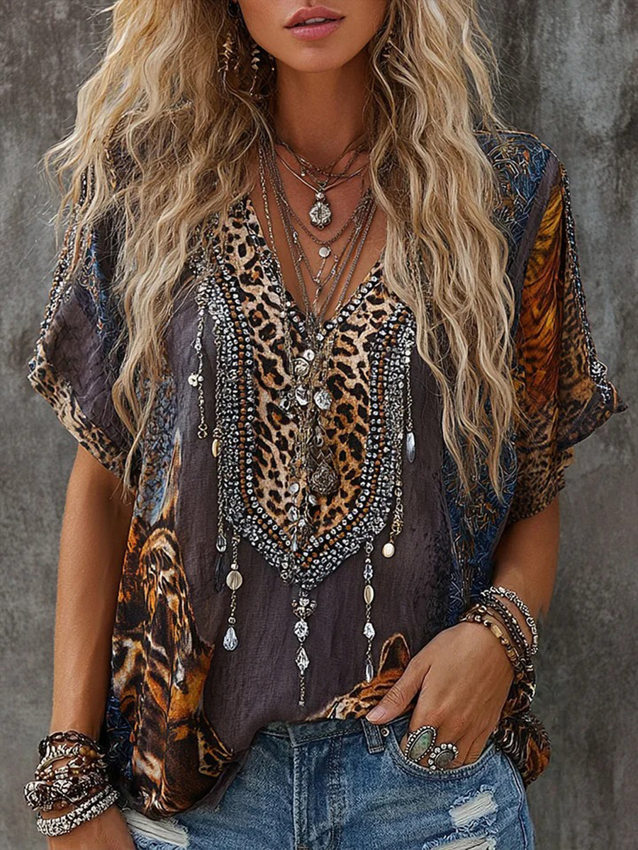 Women's Vintage Leopard Print Linen Blend V-Neck Shirt gracestitchs