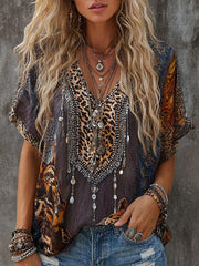 Women's Vintage Leopard Print Linen Blend V-Neck Shirt gracestitchs