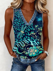 Women's Leopard and Floral Print Denim Patchwork Top gracestitchs