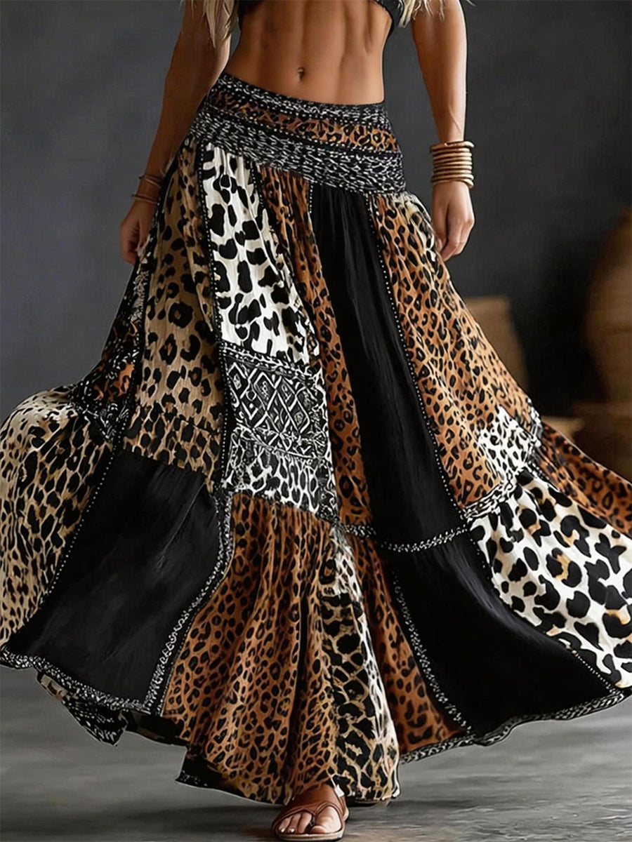 Women's Vintage Leopard Print Linen Blend Long Skirt gracestitchs