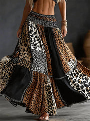 Women's Vintage Leopard Print Linen Blend Long Skirt gracestitchs