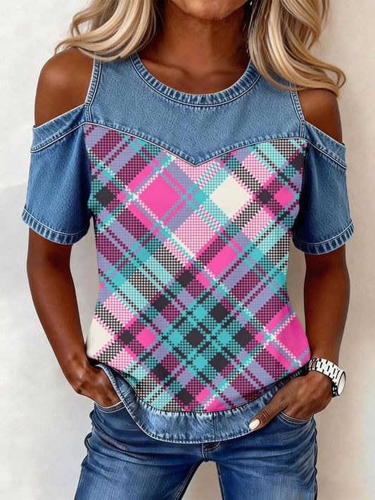 Women's Vintage Plaid Print Denim Patchwork Top gracestitchs