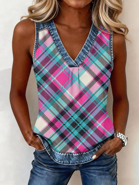 Women's Vintage Plaid Print Denim Patchwork V-Neck Top gracestitchs