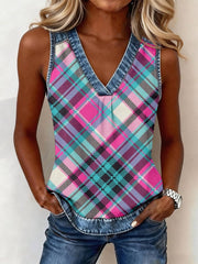 Women's Vintage Plaid Print Denim Patchwork V-Neck Top gracestitchs