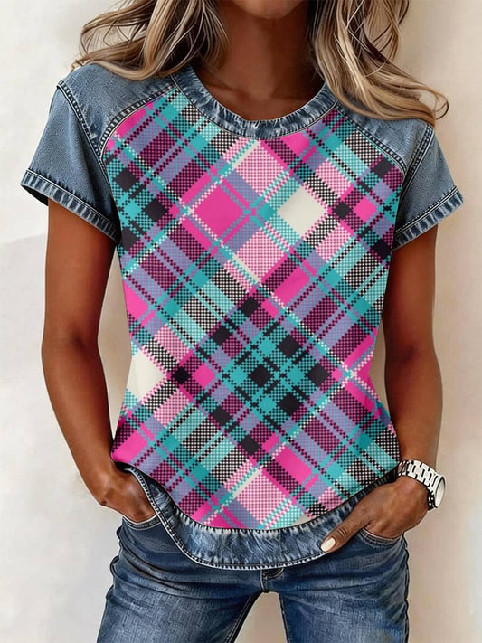 Women's Vintage Plaid Print Denim Patchwork Top gracestitchs