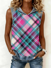 Women's Vintage Plaid Print Denim Patchwork Hooded Top gracestitchs