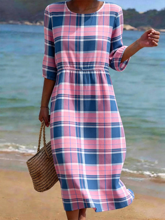 Women's Plaid Print Cotton Linen Dress gracestitchs