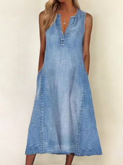 Women's Casual Elegant Sleeveless V-Neck Denim Dress gracestitchs
