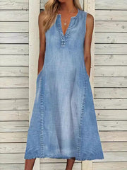 Women's Casual Elegant Sleeveless V-Neck Denim Dress gracestitchs