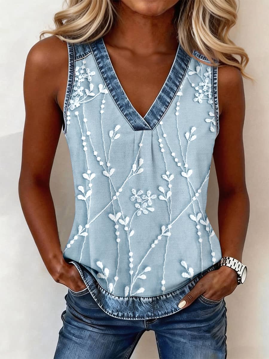 Women's Classy Floral Pattern Denim Patchwork Top gracestitchs