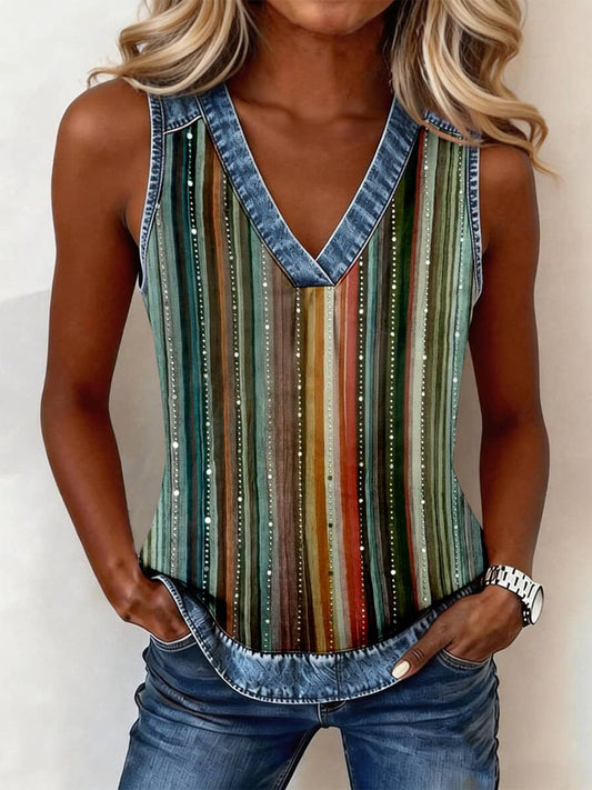 Women's Abstract Art Striped Print Denim Patchwork Top gracestitchs