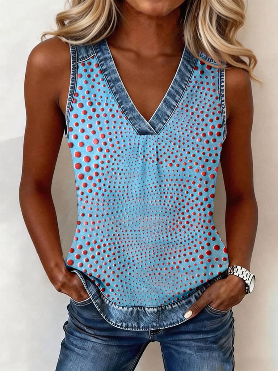 Women's Abstract Art Polka Dot Print Denim Patchwork Top gracestitchs