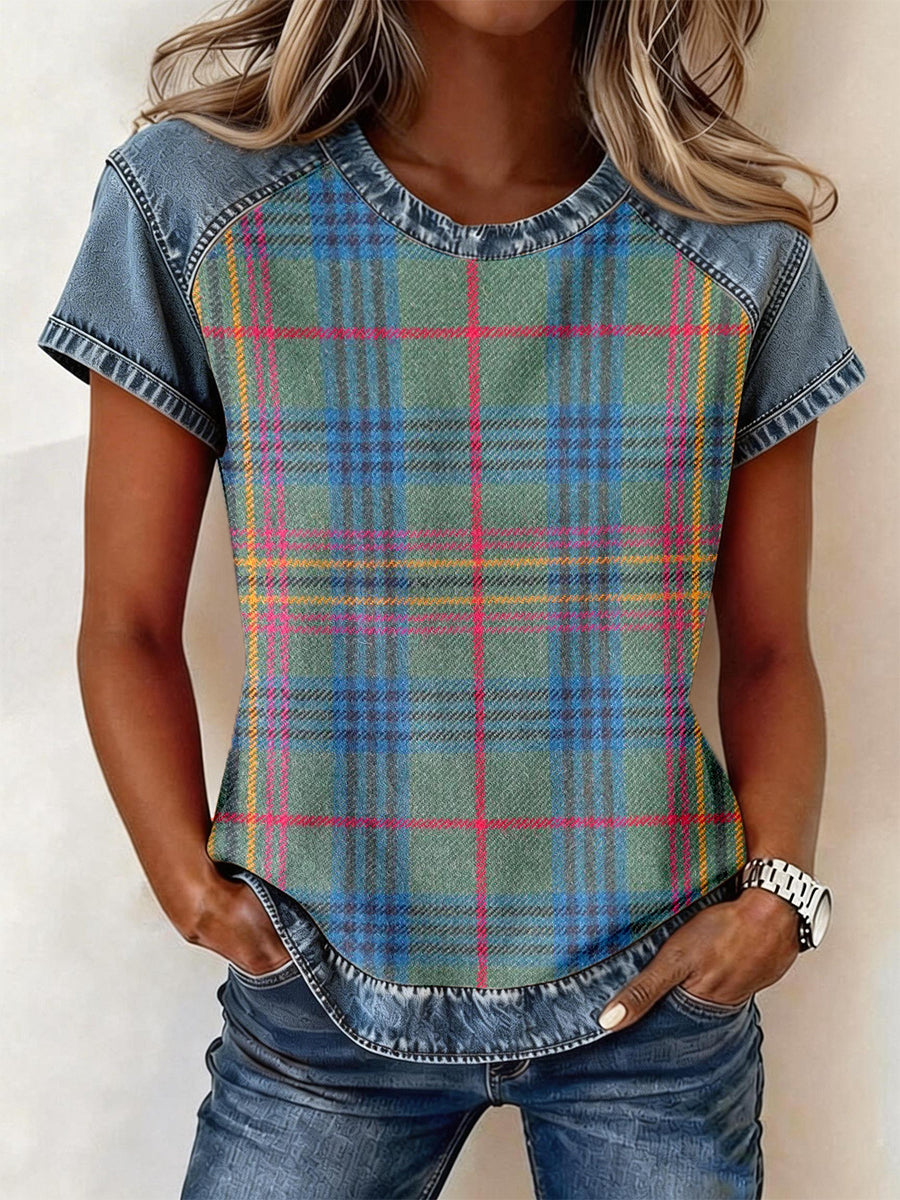 Women's Vintage Plaid Pattern Denim Patchwork Top gracestitchs
