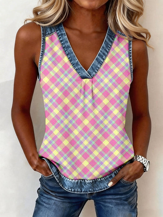 Women's Pastel Plaid Pattern Denim Patchwork Top gracestitchs