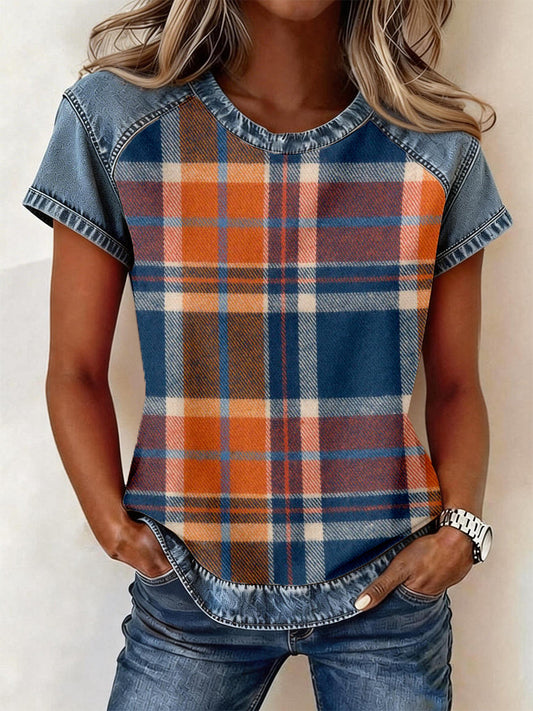 Women's Vintage Plaid Pattern Denim Patchwork Top gracestitchs