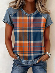Women's Vintage Plaid Pattern Denim Patchwork Top gracestitchs