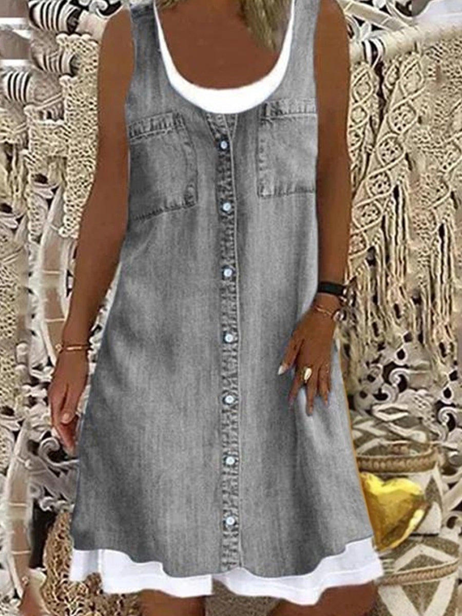 Women's Denim-Look Print Faux Two-Piece Dress gracestitchs