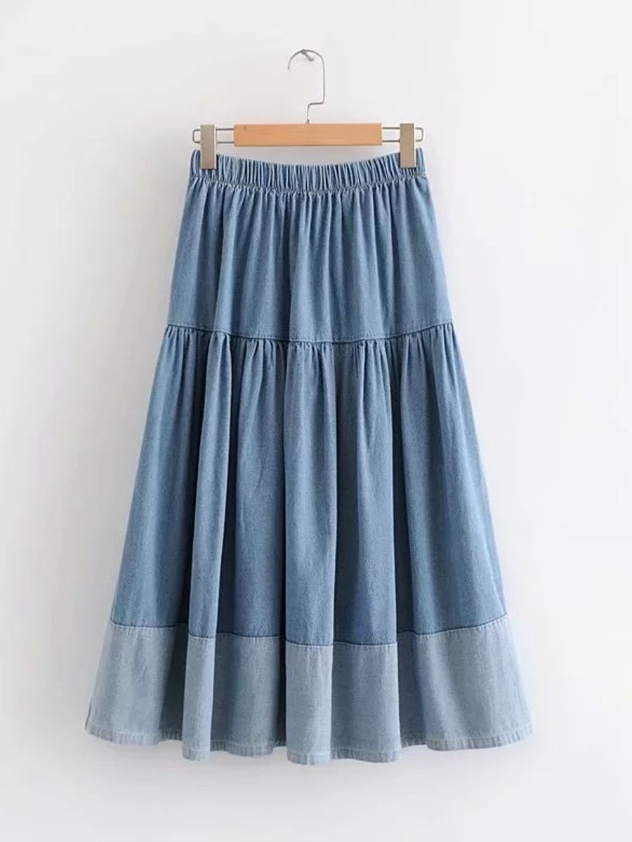 Women's Paneled Elastic Waist Denim Skirt gracestitchs