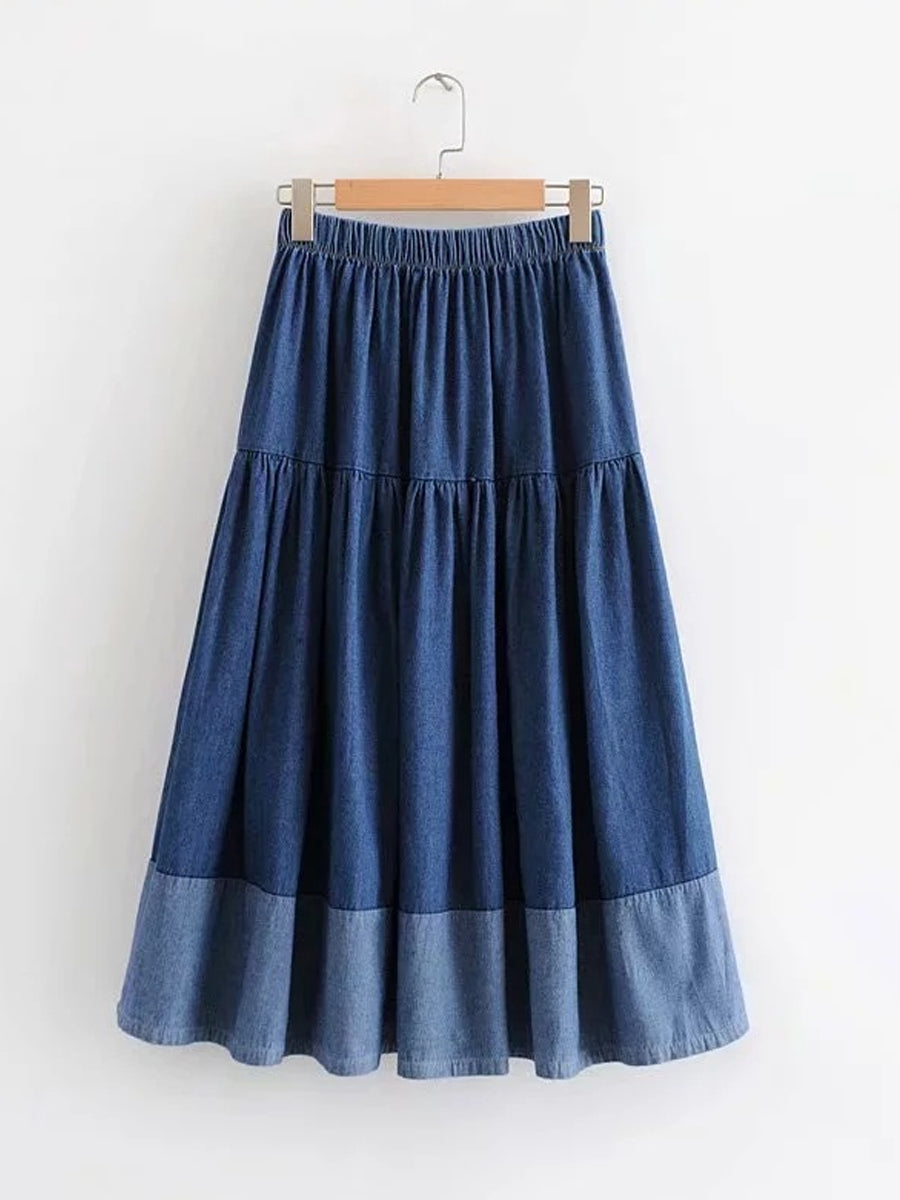 Women's Paneled Elastic Waist Denim Skirt gracestitchs