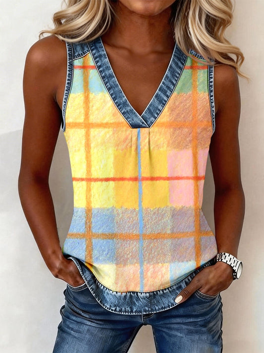Women's Bright Plaid Pattern Denim Patchwork Top gracestitchs