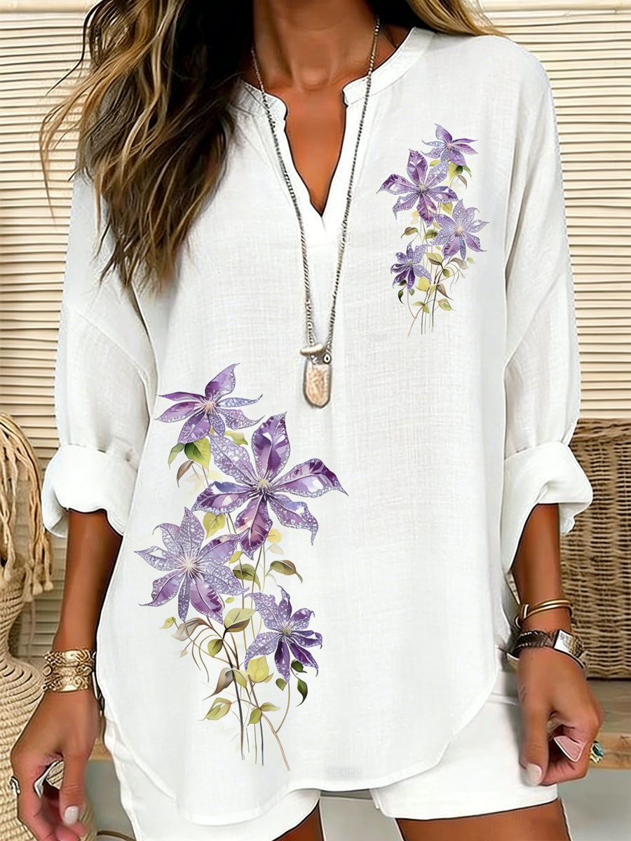 Women's Plants And Flowers Pattern Linen Blend V-Neck Shirt gracestitchs