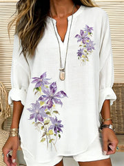 Women's Plants And Flowers Pattern Linen Blend V-Neck Shirt gracestitchs