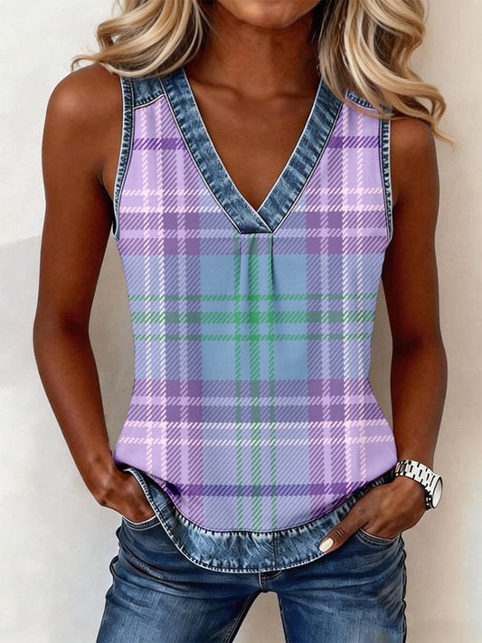 Women's Bright Plaid Pattern Denim Patchwork Top gracestitchs
