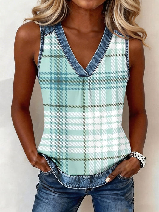 Women's Bright Plaid Pattern Denim Patchwork Top gracestitchs
