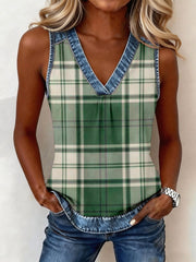 Women's Plaid Pattern Denim Patchwork Top gracestitchs
