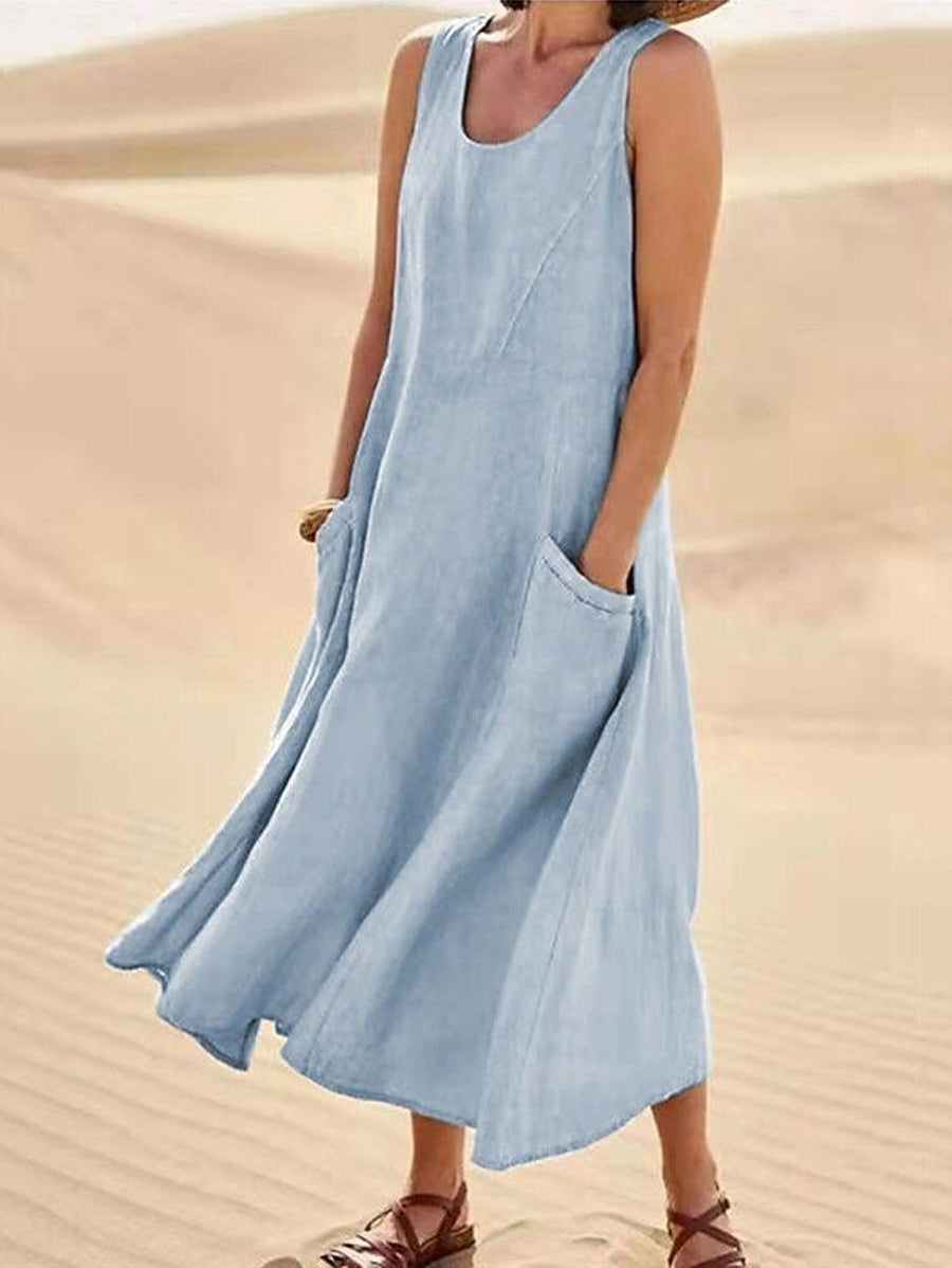 Women's Casual Elegant Sleeveless Cotton Midi Dress gracestitchs