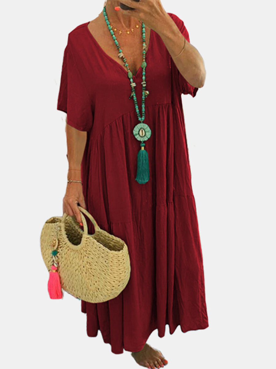 Women's Casual Loose-Fit V-Neck Dress gracestitchs
