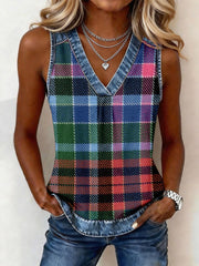 Women's Classic Plaid Pattern Denim Patchwork Top gracestitchs