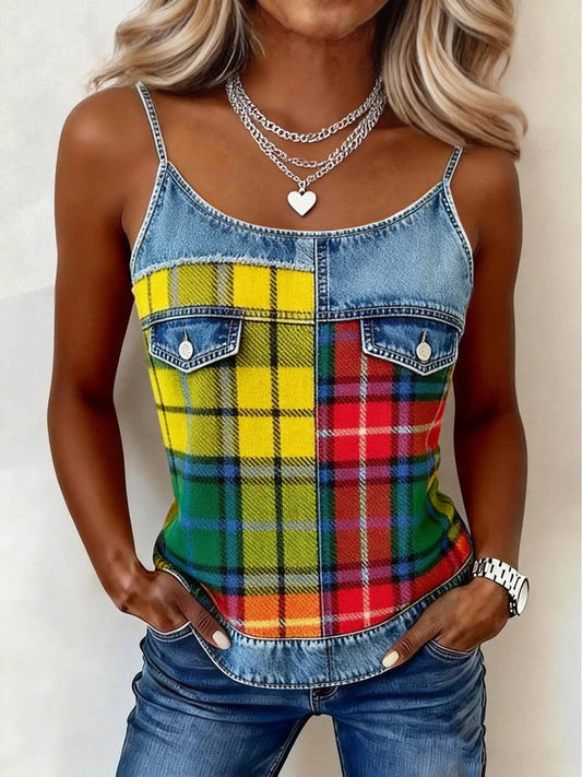 Women's Classic Plaid Pattern Denim Patchwork Tank Top gracestitchs