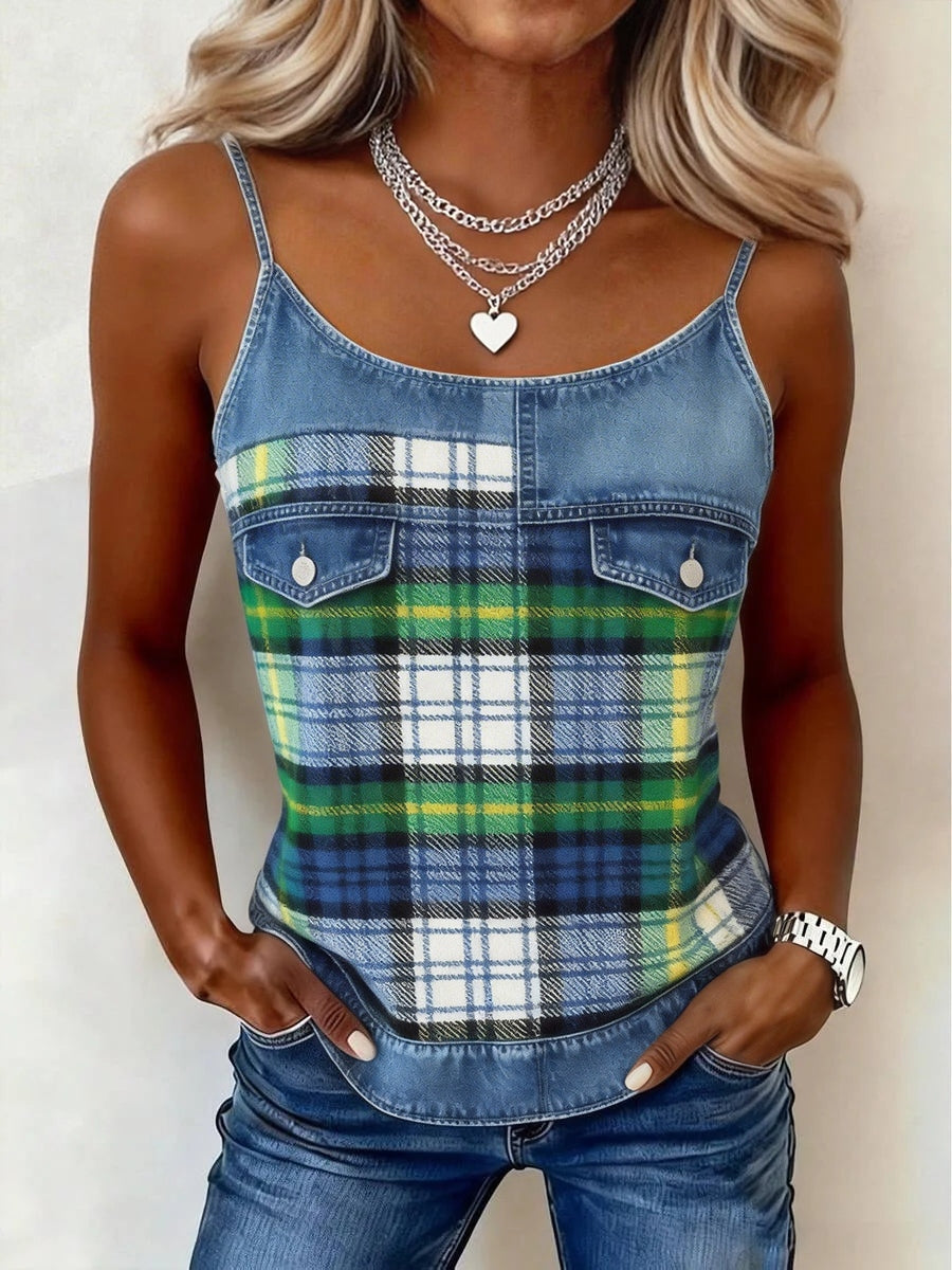 Women's Classic Plaid Pattern Denim Patchwork Tank Top gracestitchs