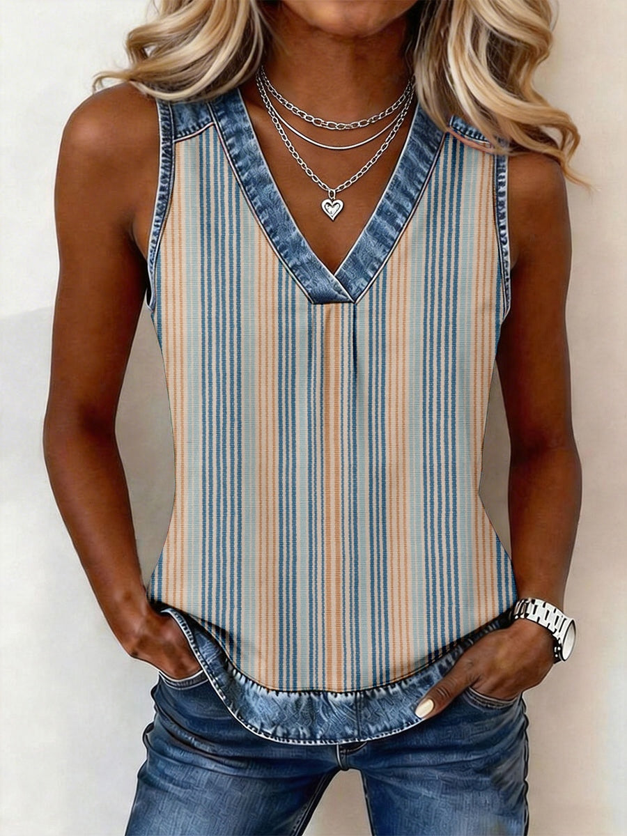 Women's Retro Striped Pattern Denim Patchwork Top gracestitchs