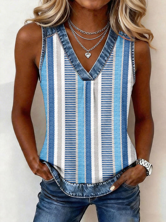 Women's Striped Pattern Denim Patchwork Top gracestitchs