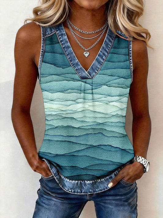 Women's Watercolor Striped Pattern Denim Patchwork Top gracestitchs