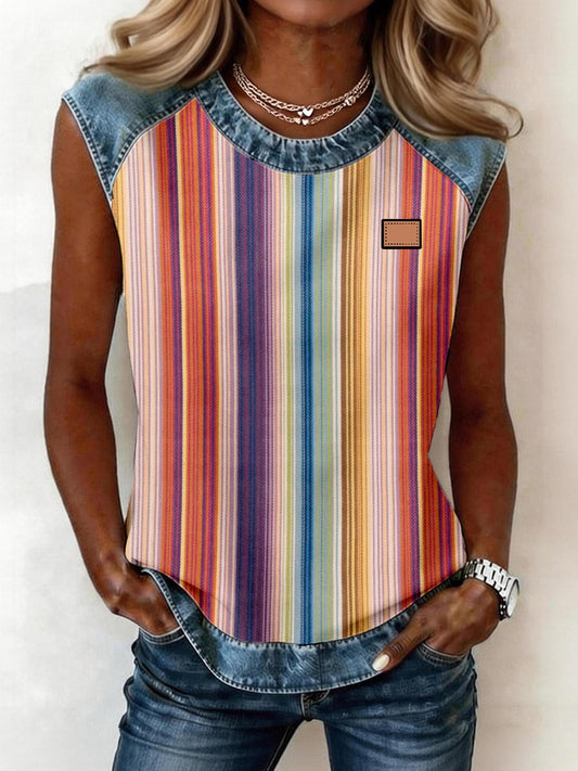 Women's Colorful Striped Pattern Denim Patchwork Sleeveless Top gracestitchs