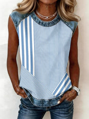 Women's Simple Striped Pattern Denim Patchwork Sleeveless Top gracestitchs