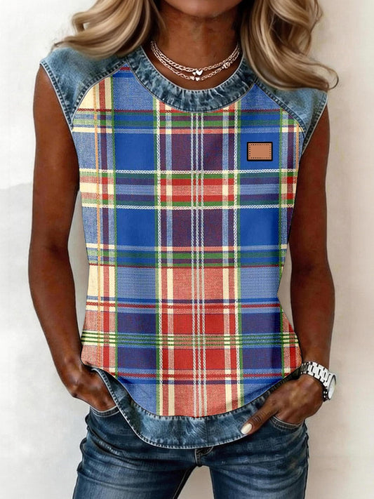 Women's Plaid Pattern Denim Patchwork Sleeveless Top gracestitchs