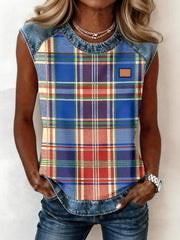 Women's Plaid Pattern Denim Patchwork Sleeveless Top gracestitchs