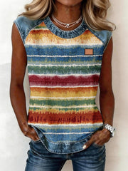 Women's Abstract Art Striped Pattern Denim Patchwork Sleeveless Top gracestitchs