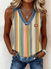 Women's Striped Pattern Denim Patchwork Top gracestitchs