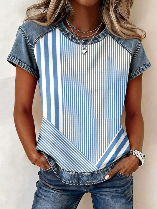 Women's Simple Striped Pattern Denim Patchwork Top gracestitchs
